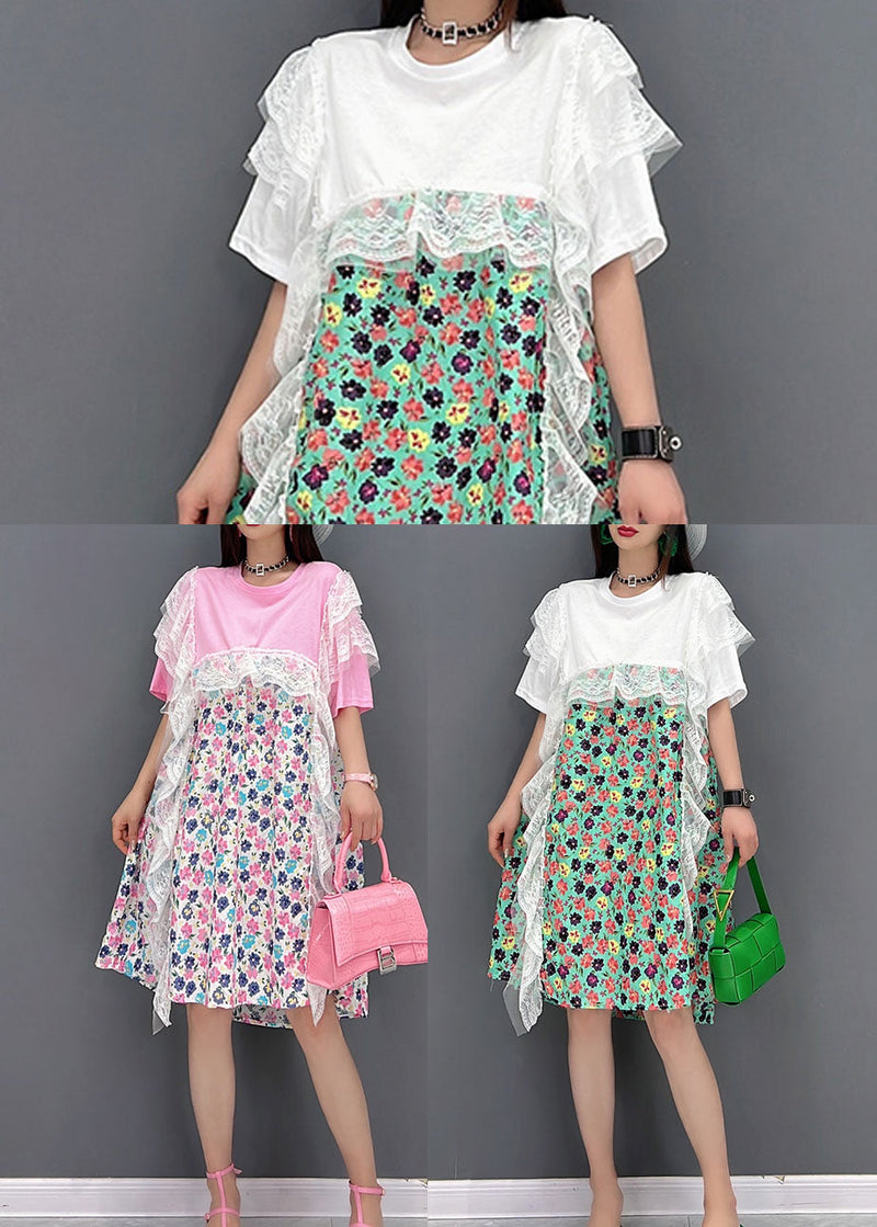 Green Print Lace Patchwork Party Dress O-neck Short Sleeve
