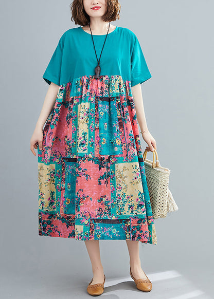 Green Print Extra Large Hem Dresses Wrinkled Short Sleeve