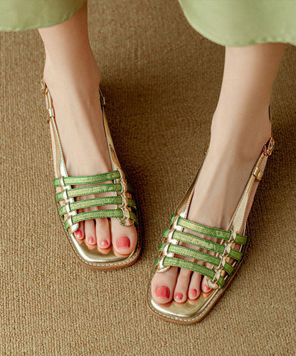 Green Sandals Chunky Cowhide Leather Splicing Peep Toe