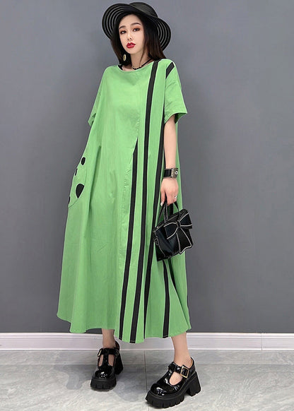Green Striped Patchwork Cotton Vacation Dresses O-neck Oversized Short Sleeve
