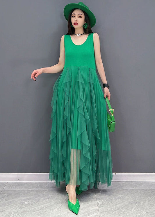 Green Tulle Patchwork Cotton Fitted Dresses O-neck Sleeveless