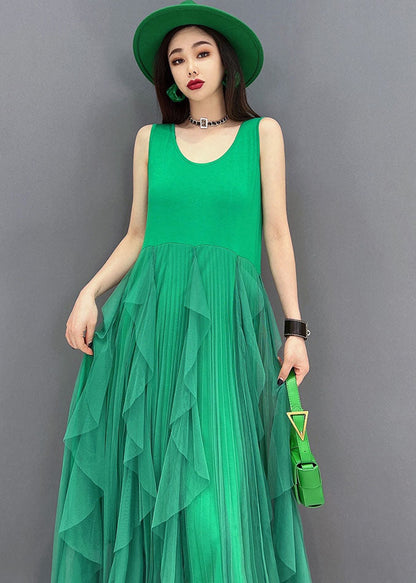 Green Tulle Patchwork Cotton Fitted Dresses O-neck Sleeveless