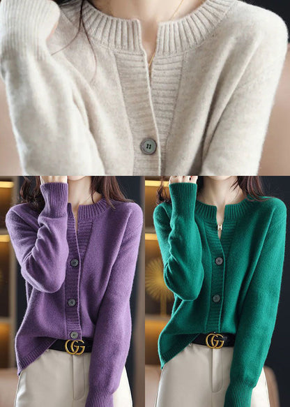 Green Woolen Knit Coats O-neck Button Color Winter