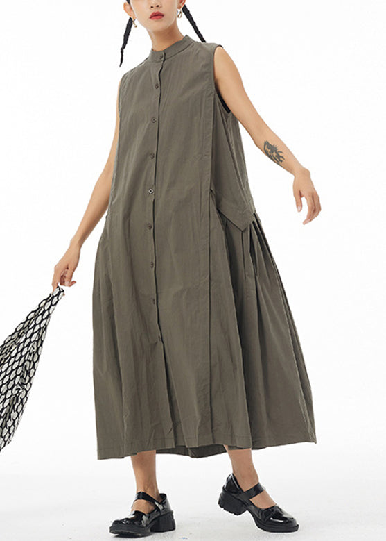 Green Wrinkled Long Shirt Dress Sleeveless