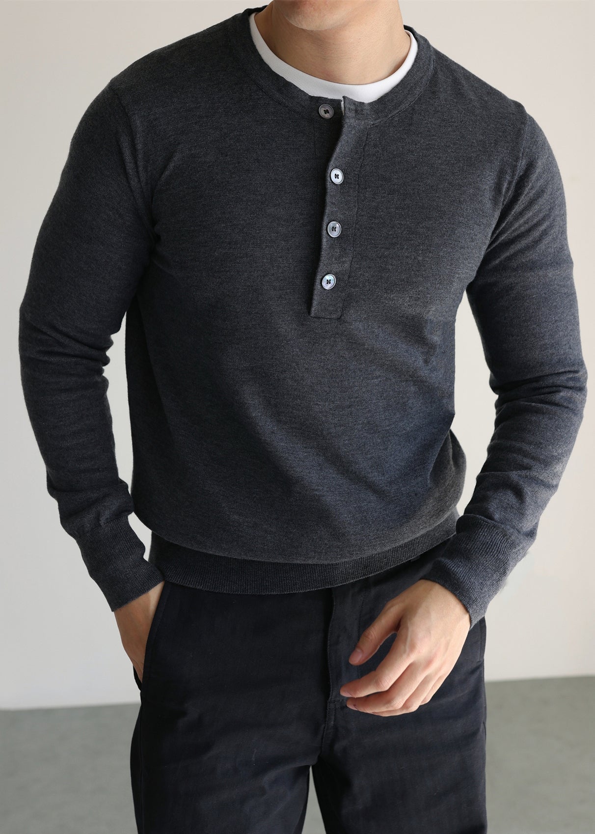 Grey Button Woolen Knit Sweater O Neck