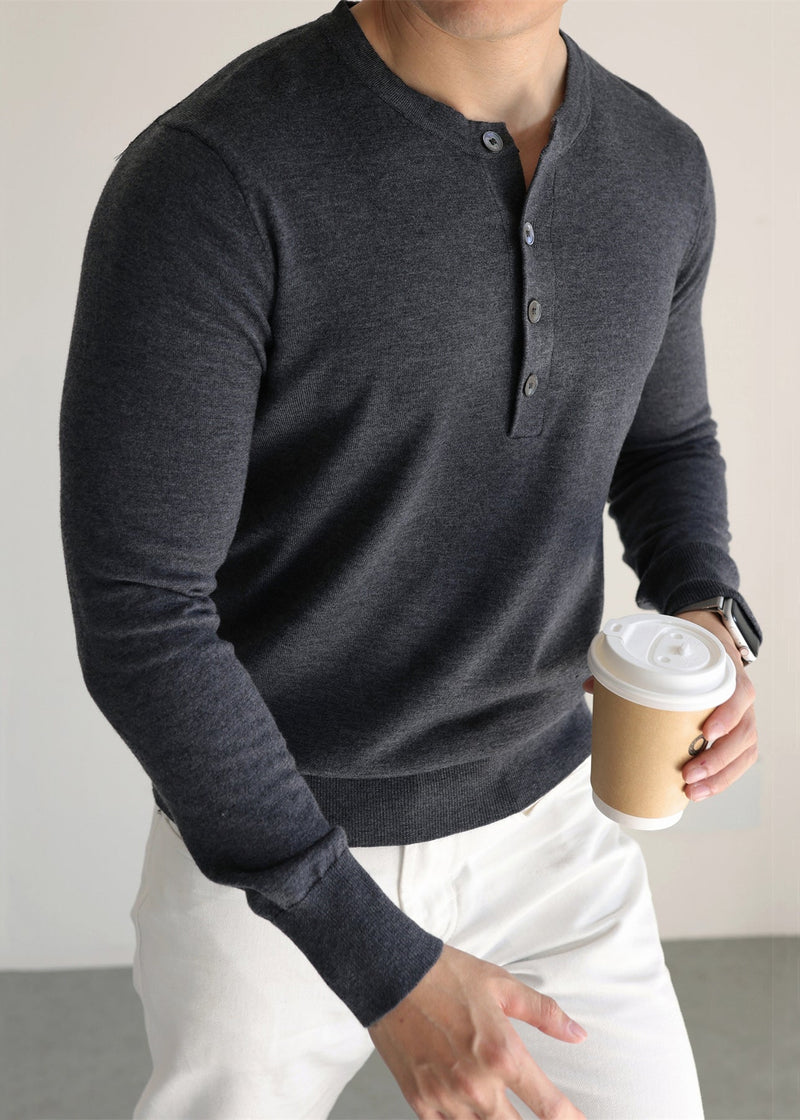 Grey Button Woolen Knit Sweater O Neck