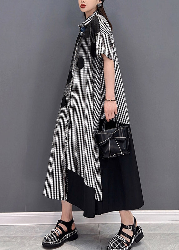 Grey Dot Print Patchwork Long Dress Loose Wrinkled Short Sleeve