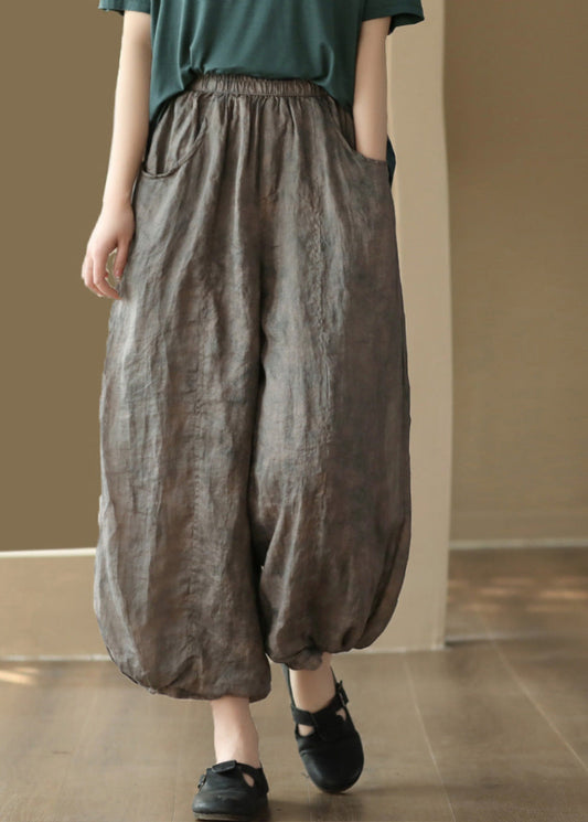 Grey Elastic Waist Ramie Lantern Pants