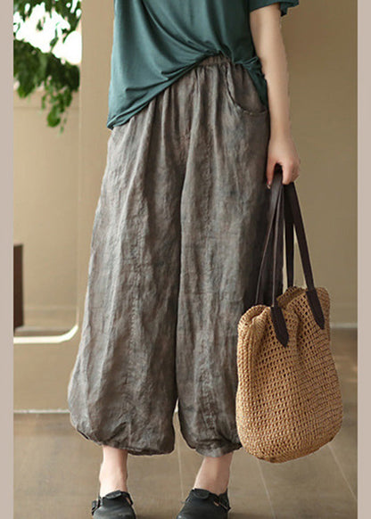 Grey Elastic Waist Ramie Lantern Pants