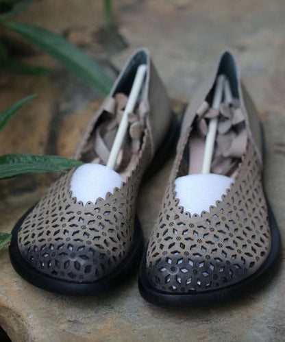 Grey Flat Shoes Calf Fitted Splicing Hollow Out Cross Strap