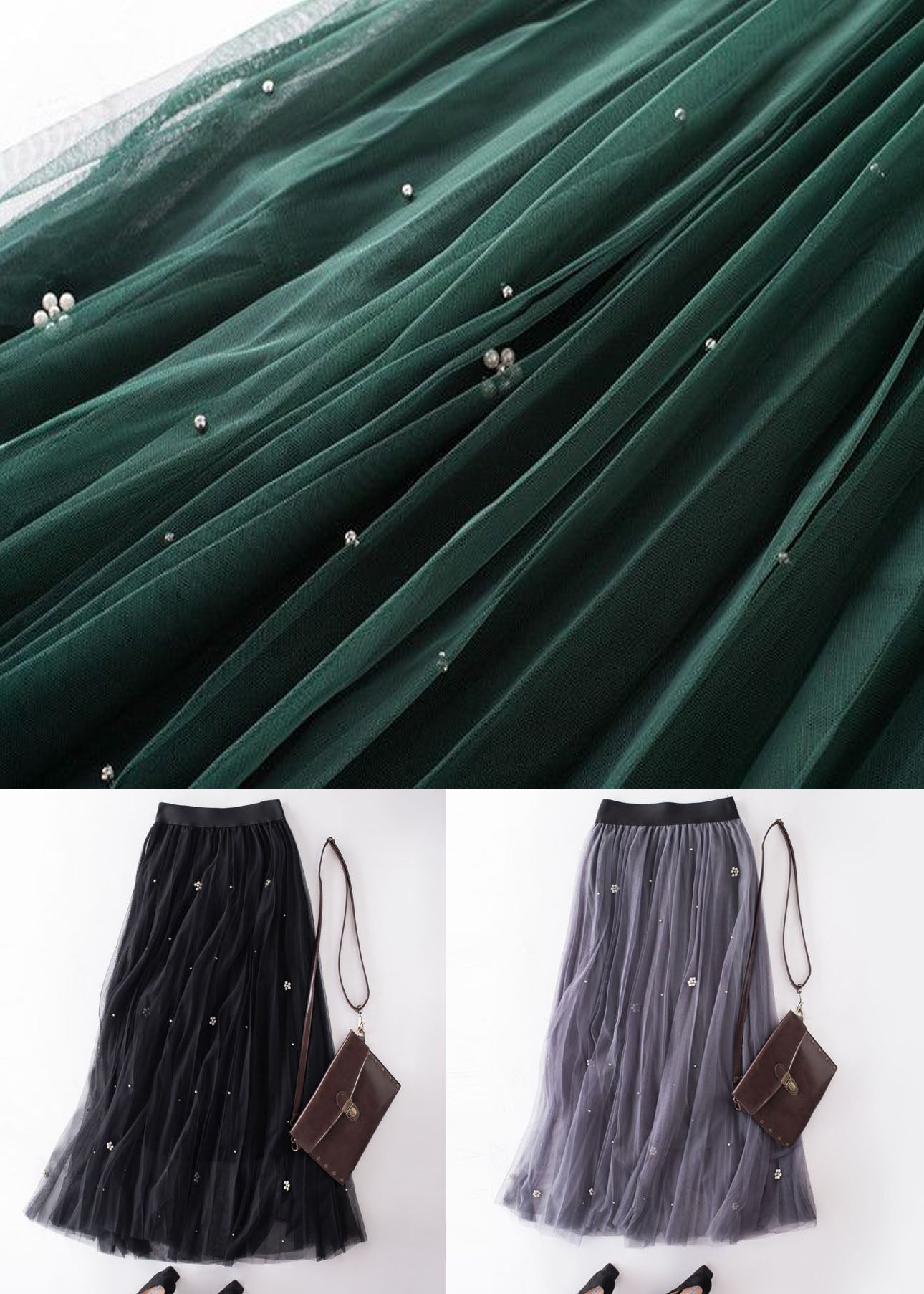 Grey Nail Bead Patchwork Tulle Skirt Wrinkled Spring