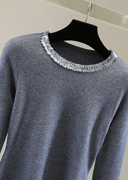Grey O-neck Tie Waist Cotton Knit Sweater Long Sleeve