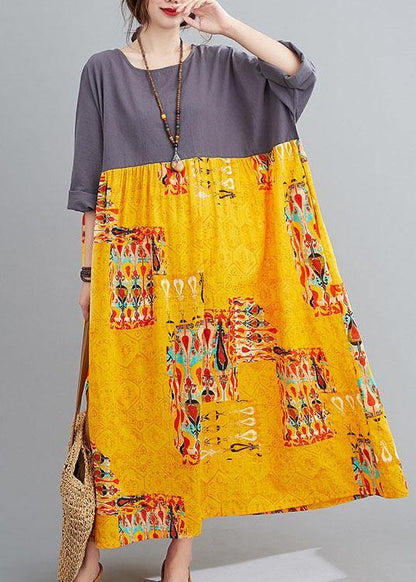 Grey Patchwork Yellow Print O-neck Pockets Summer Party Dresses