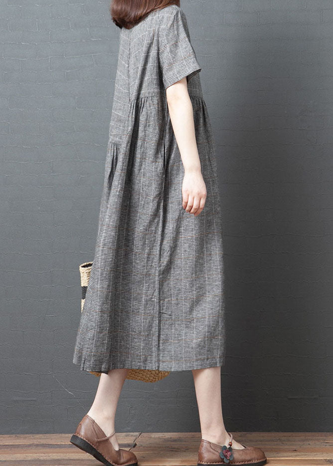 Grey Plaid Vacation Dress O-neck Cinched Short Sleeve