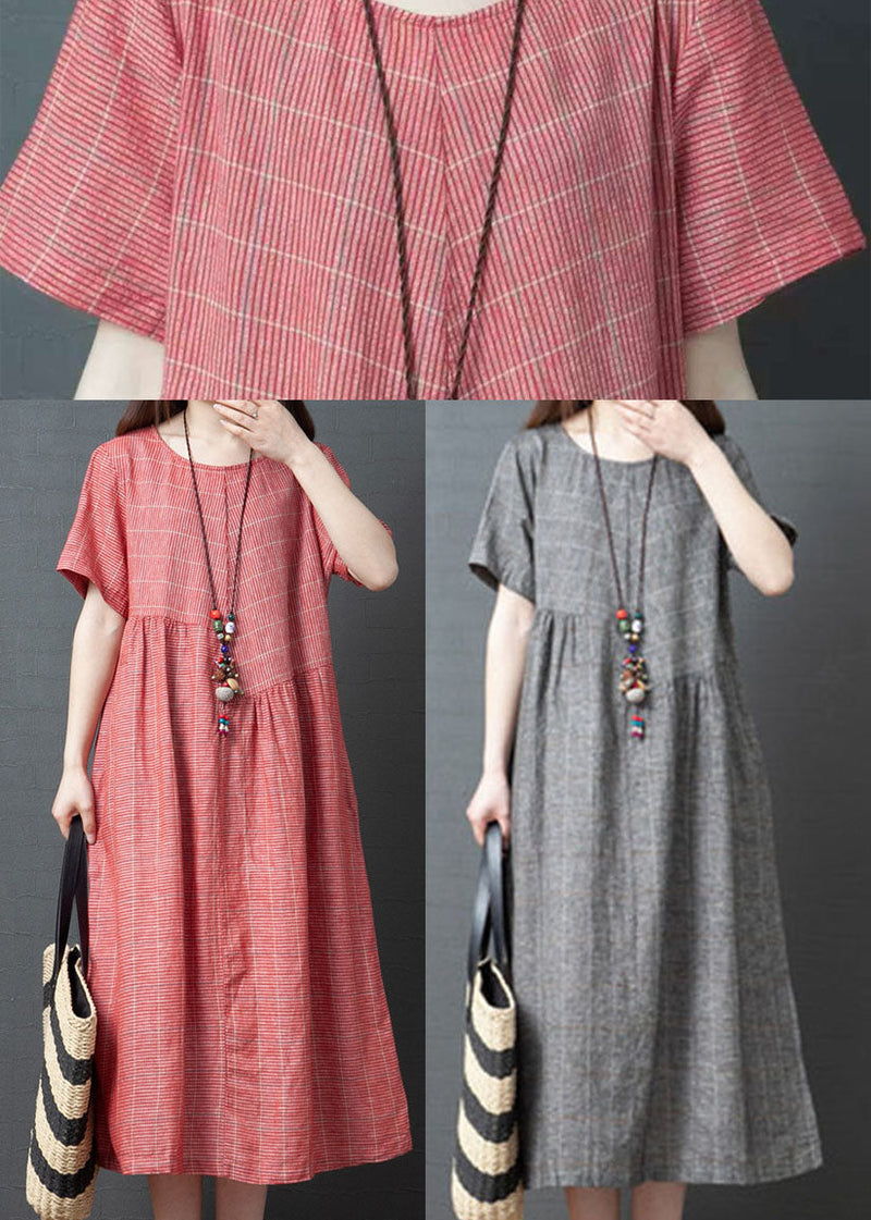 Grey Plaid Vacation Dress O-neck Cinched Short Sleeve