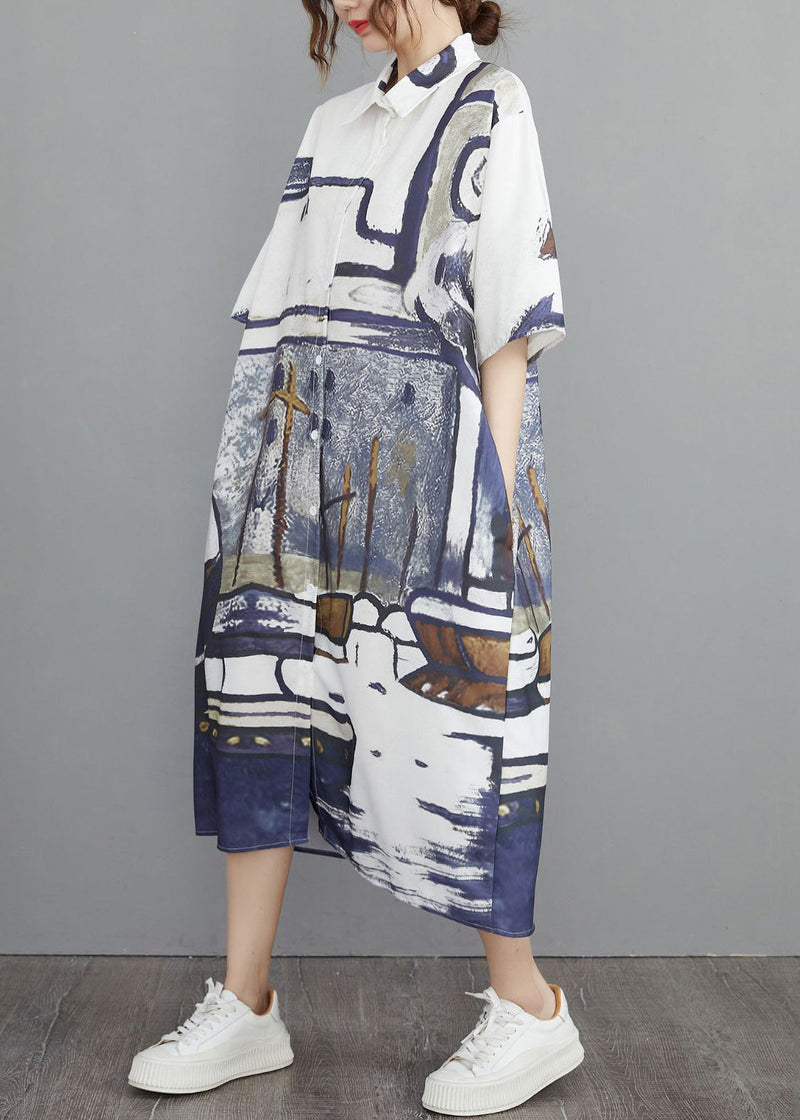 Grey Print Cotton Shirt Dresses Oversized Summer