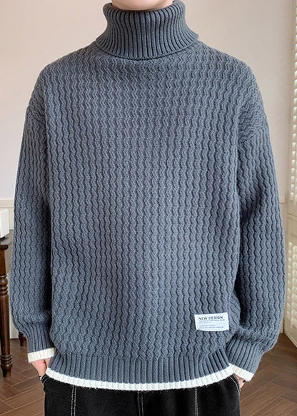 Grey Thick Patchwork Knit Winter Sweater Turtleneck
