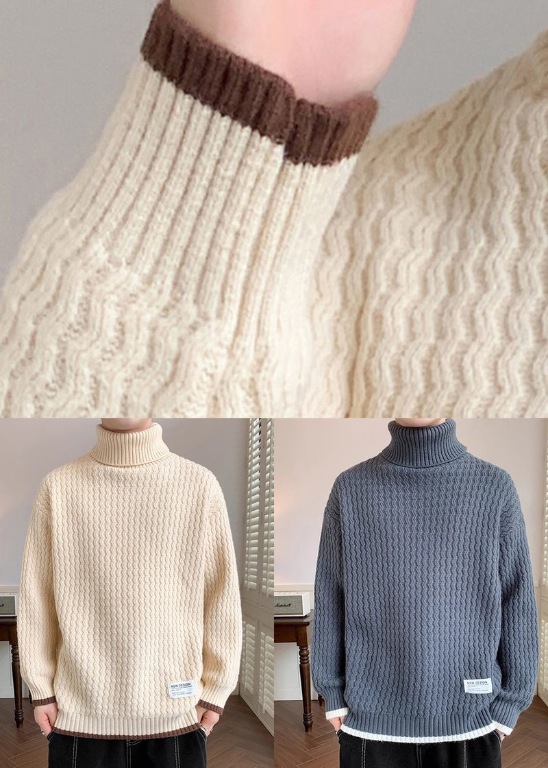 Grey Thick Patchwork Knit Winter Sweater Turtleneck