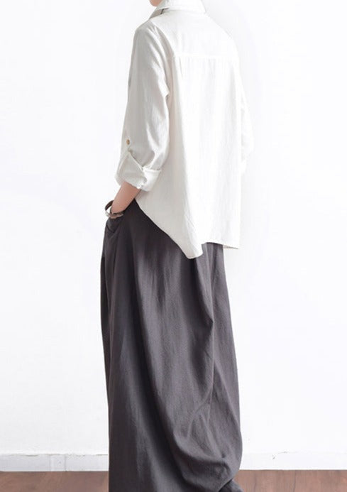 Grey Long Linen Maxi Skirt Pockets Pleated Skirts