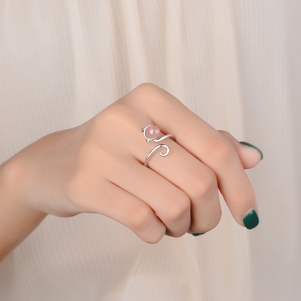 Pink Kitten Ring In 925 Sterling Silver And Agate
