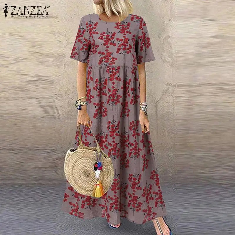 CD | 2024 ZANZEA Femei Boemiană Mâneci scurte Floral imprimate Sundress O Neck Holiday Kaftan Vestido Baggy Dress Rochii lungi de vară