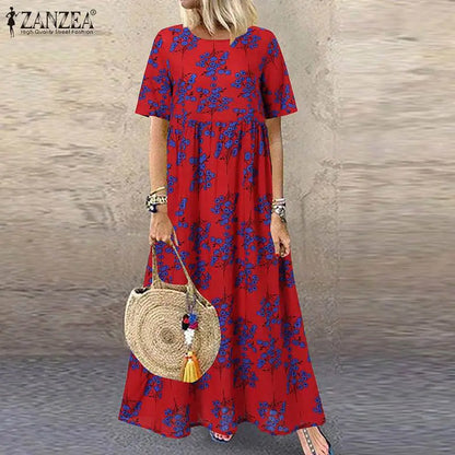 CD | 2024 ZANZEA Femei Boemiană Mâneci scurte Floral imprimate Sundress O Neck Holiday Kaftan Vestido Baggy Dress Rochii lungi de vară
