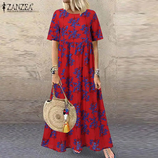 CD | 2024 ZANZEA Femei Boemiană Mâneci scurte Floral imprimate Sundress O Neck Holiday Kaftan Vestido Baggy Dress Rochii lungi de vară