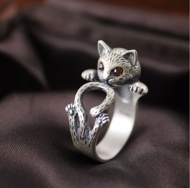 Adjustable Hand Painted Cat Ring In 925 Sterling Silver