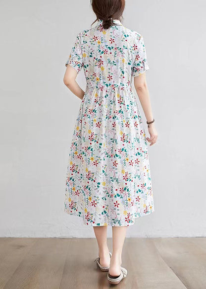 Half Sleeve O-neck Pleated Print Maxi Dress