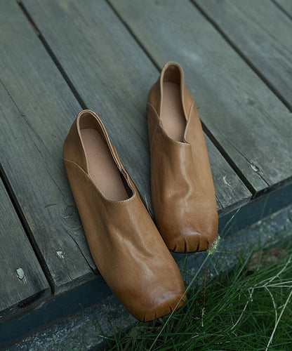 Handmade Apricot Horsehide Leather Comfy Flats Shoes