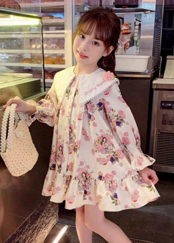 Handmade Apricot Print Nail Bead Mid Dress Long Sleeve