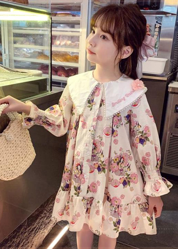 Handmade Apricot Print Nail Bead Mid Dress Long Sleeve