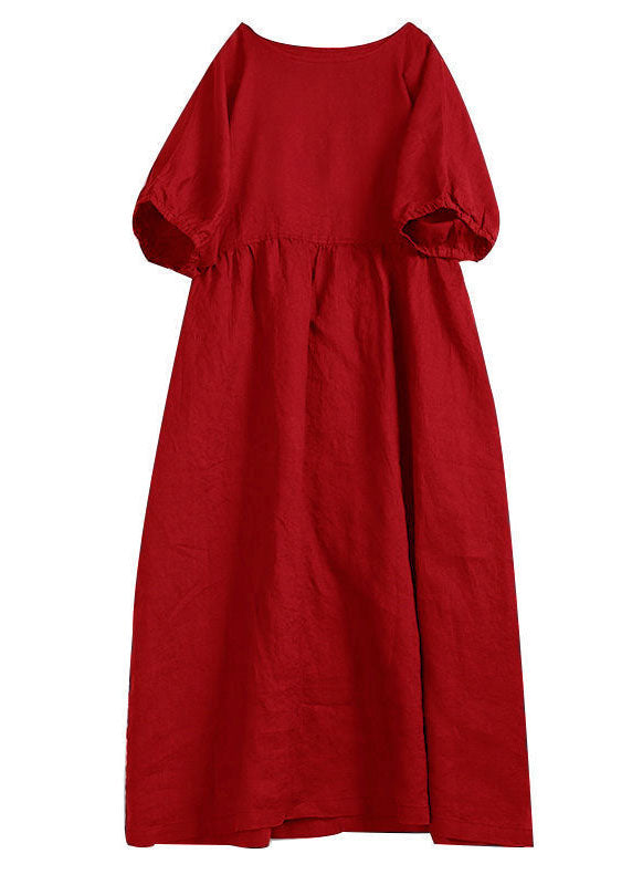 Handmade Apricot O-neck Wrinkled Patchwork Linen Dress Summer