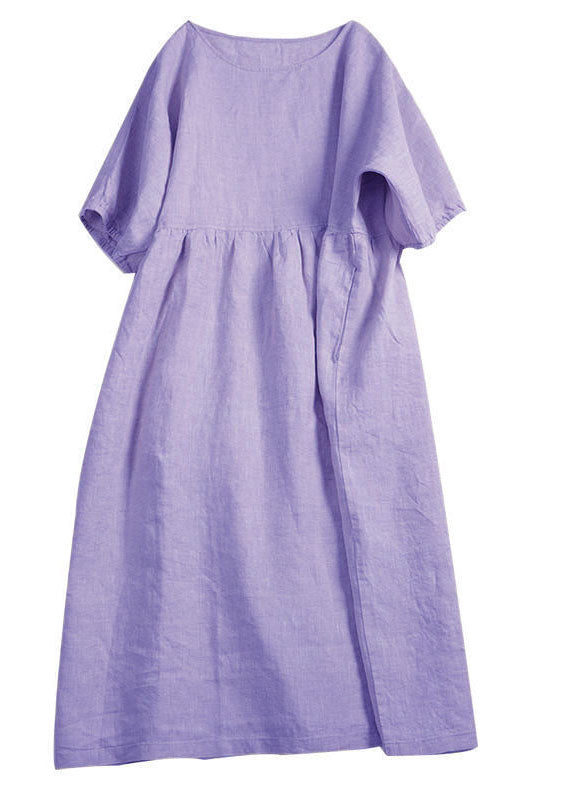 Handmade Apricot O-neck Wrinkled Patchwork Linen Dress Summer