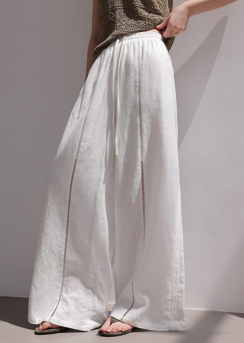 Handmade Beige Elastic Waist Patchwork Wide Leg Pants Spring