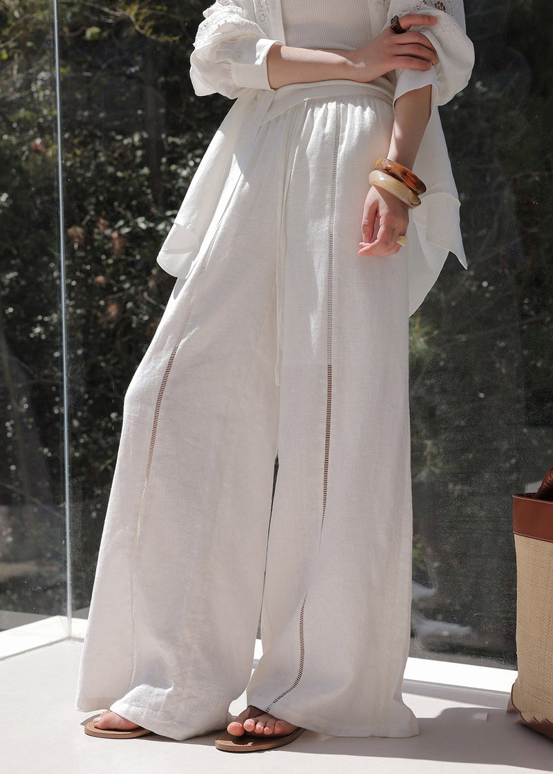 Handmade Beige Elastic Waist Patchwork Wide Leg Pants Spring