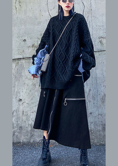Handmade Black High Waist Pockets Zippered Asymmetrical Design Fall Skirts