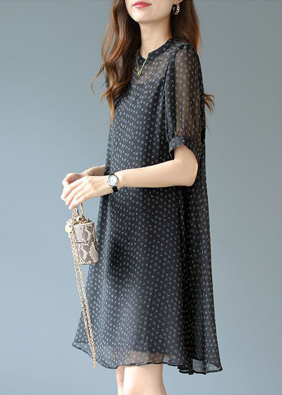 Handmade Black O-neck Letter Print Chiffon Two Piece Set Summer