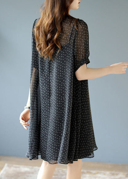 Handmade Black O-neck Letter Print Chiffon Two Piece Set Summer