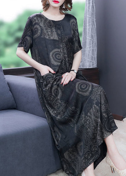 Handmade Black O-neck Print Silk Long Dress Summer