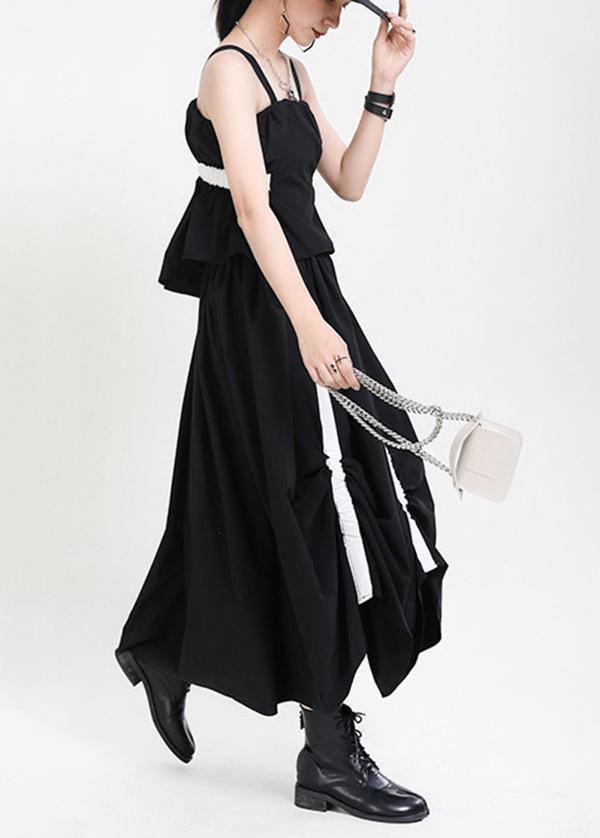 Handmade Black Patchwork Puff Sleeve Mid Dress Summer