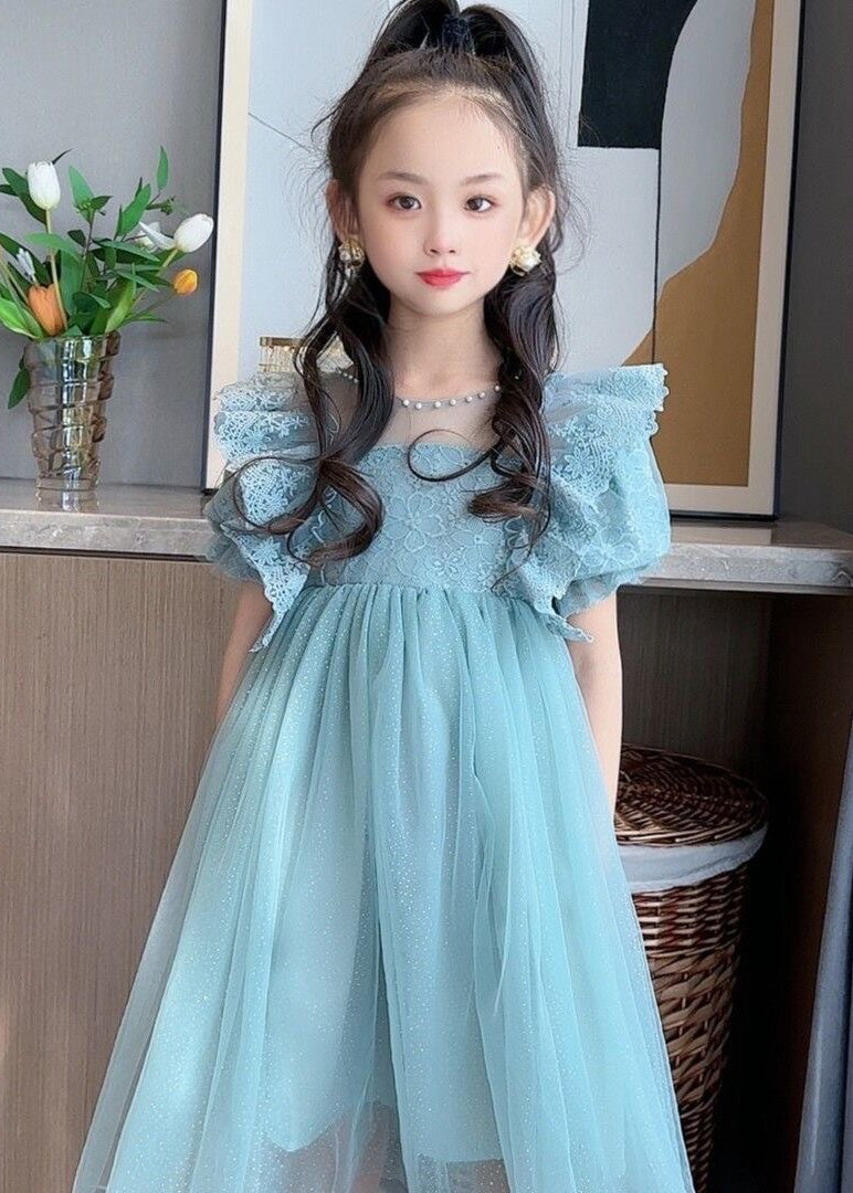 Handmade Blue O-neck Patchwork Nail Bead Tulle Maxi Dress Summer