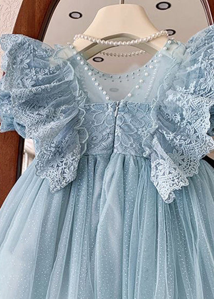 Handmade Blue O-neck Patchwork Nail Bead Tulle Maxi Dress Summer