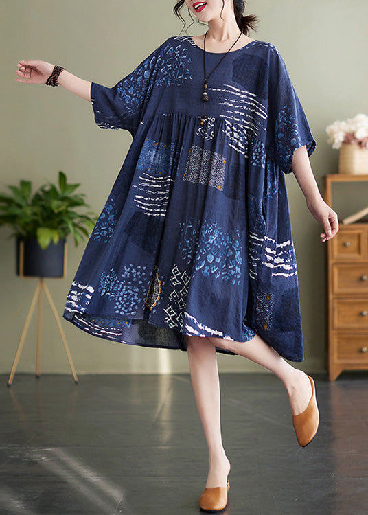 Handmade Blue O-neck Print Wrinkled Vacation Maxi Dresses Summer