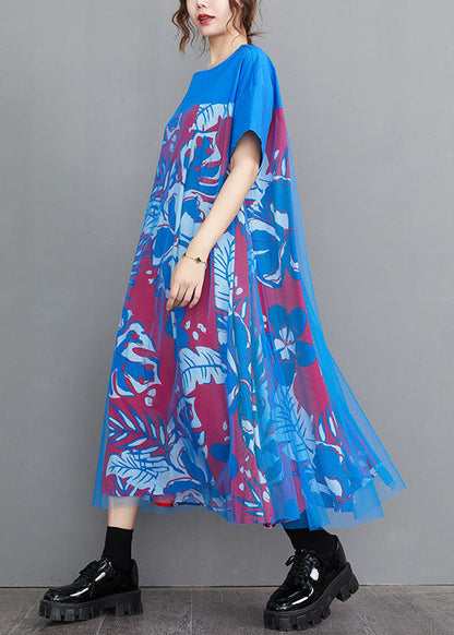 Handmade Blue O-neck Tulle Patchwork Print Cotton a Line Dress Short Sleeve