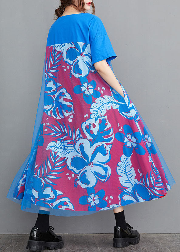 Handmade Blue O-neck Tulle Patchwork Print Cotton a Line Dress Short Sleeve