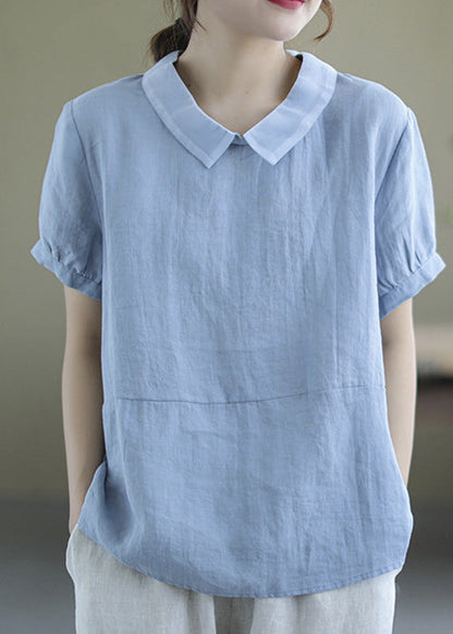 Handmade Blue Patchwork Ramie T Shirt Summer