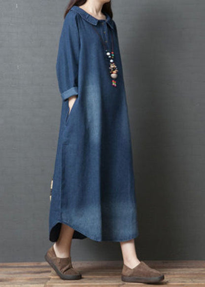 Handmade Blue Peterpan Collar Pockets Patchwork Fall Denim Long Sleeve Dresses