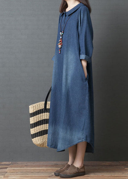 Handmade Blue Peterpan Collar Pockets Patchwork Fall Denim Long Sleeve Dresses