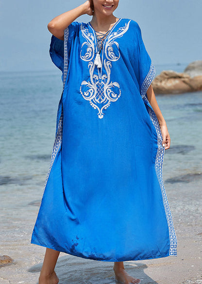 Handmade Blue V Neck Embroideried Side Open Maxi Beachdress Summer